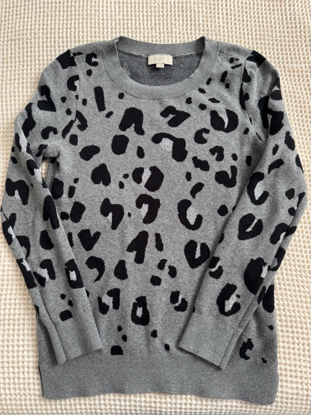 LOFT Gray and Black Leopard Crewneck Sweater